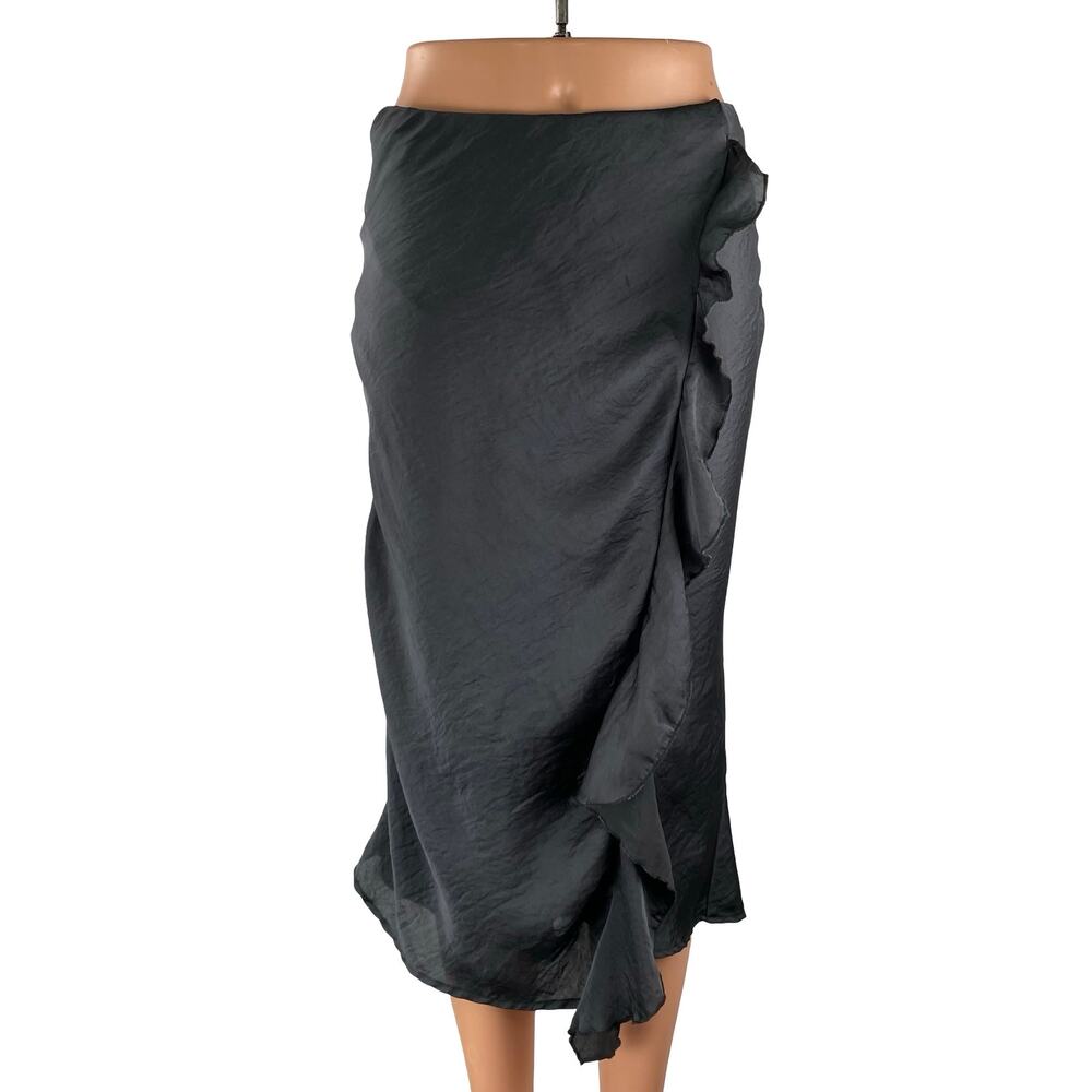 Forgotten Grace Gray Silk Satin High Waist Ruffle Pencil Flare Midi Skirt Sz XS